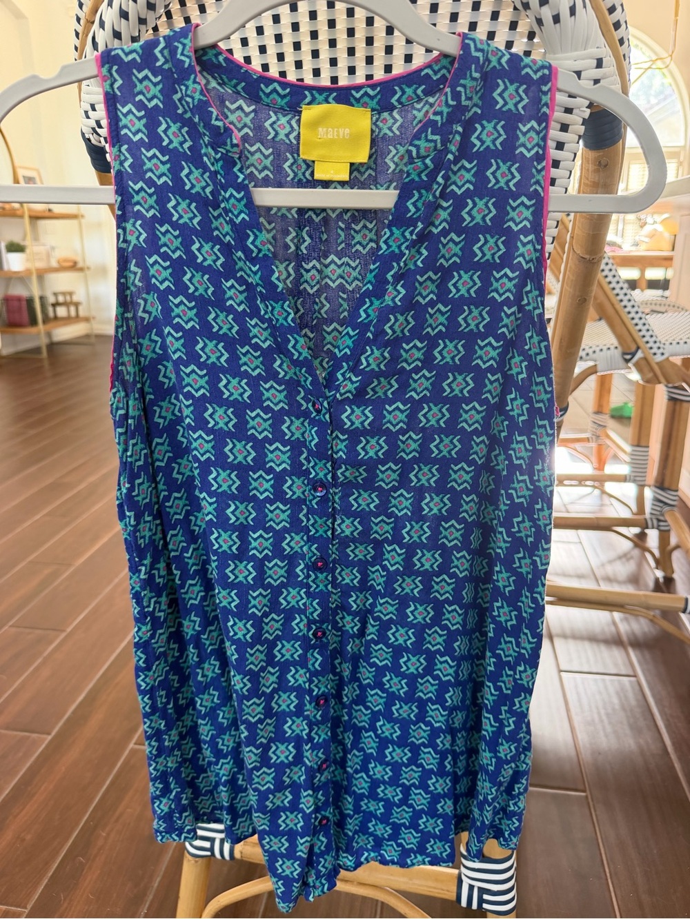 Anthropologie Maeve Ada Blue Geometric Aztec Sleeveless Button Front Top Size 4
